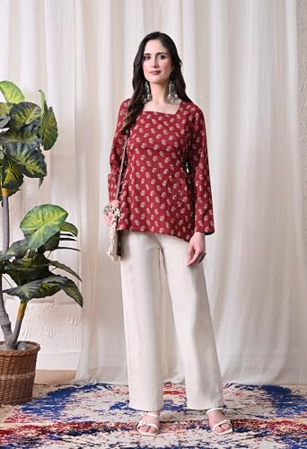 Image of MEERA FAB Women's Floral Printed Cotton Short Kurta Square Neck | Floral Printed Kurta with Full Sleeves | Short Kurti for Women