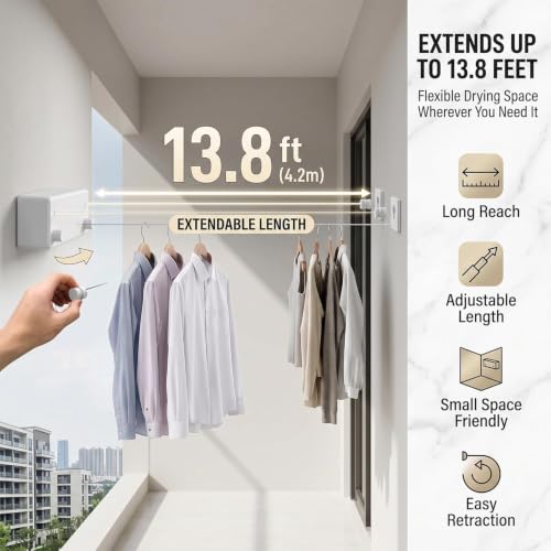 Image of Retractable Heavy Duty Double Clothesline for Drying Clothes Indoor Outdoor | Dual 13.8 ft Stainless Steel Ropes | Wall Mounted or No-Drill Laundry Drying Rack for Balcony(Dual Liner White)