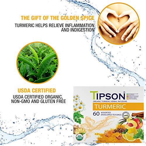 Tipson Organic Turmeric Variety Sampler - 6 Flavors (60 Tea Bags), Herbal Tea Infusions - USDA Organic, Non GMO, and Gluten Free