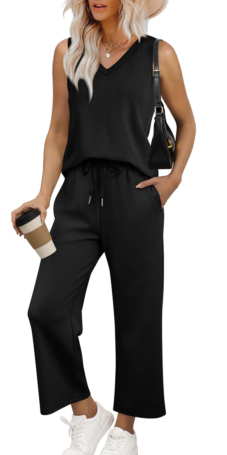 WIHOLLTwo Piece Set for Women Summer Outfits Vacation Trendy Lounge Sets V Neck Matching Sets