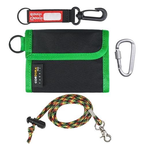 Rough Enough Kids Wallet for Boys Teens with Neck Lanyard Keychain Key Ring Cordura Black Green
