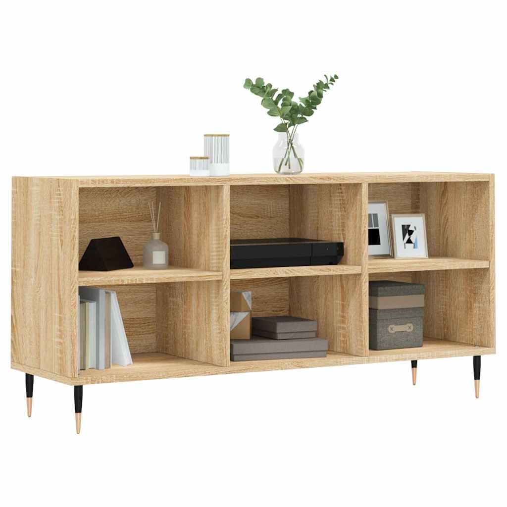 Mobile TV in rovere Sonoma, 103,5 x 30 x 50 cm, in legno con 6 scomparti, gambe in ferro e supporto da parete, per soggiorno, camera da letto, gaming, home theater, salvaspazio