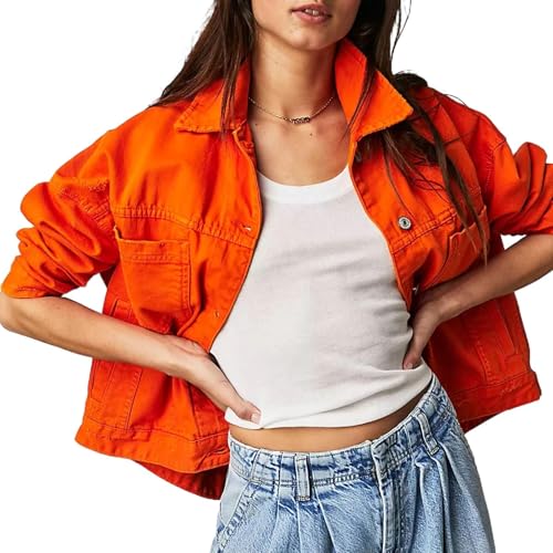 Manteau femme décontracté orange rouge : veste en jean GUOYUXIAO à boutons