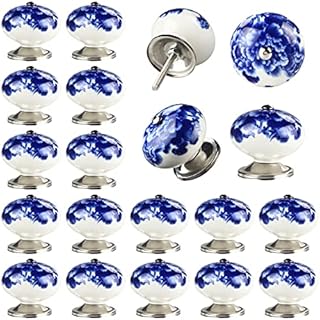 NC Set of 20 Handmade Ceramic Door Knobs for Cupboards, Cabinet Knobs Blue on White, Drawer Knobs & Handles, Wardrobe Door Handles Comes with Screw Cap, Extra Screws, Bolts