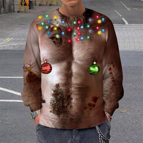 MARSVOVO Ugly Christmas Sweatshirt For Men 3d Chest Hair Printed Long Sleeve Funny X-Mas Graphic Shirts Pullover2