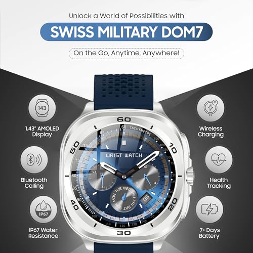 Image of Swiss Military DOM7 Smartwatch 1.43 inch AMOLED, Bluetooth Calling, Multi Language, Health & Sports Tracking, Wireless Charging, 7 Days Battery, IP67, iOS /Android Compatible, Silver Frame with Blue Strap