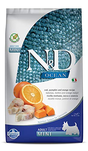 FARMINA N&D Ocean Dry Dog Food, Grain-Free, Adult Mini Breed, 2.5-kg, Codfish Pumpkin and Orange