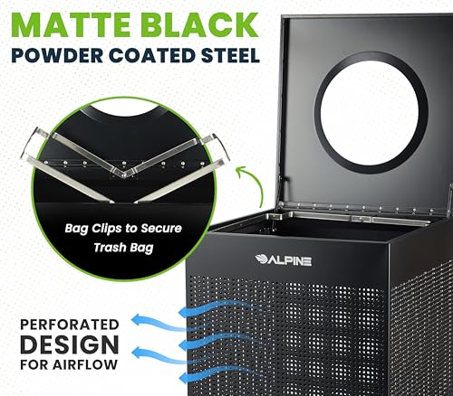 Image of Alpine Black Commercial Trash Can - Large Perforated 40 Gallon Trash Can Open Top, Heavy Duty Garbage Can for Indoor & Outdoor in Office, Commercial Bathroom, Hotel, Lobby, and Businesses