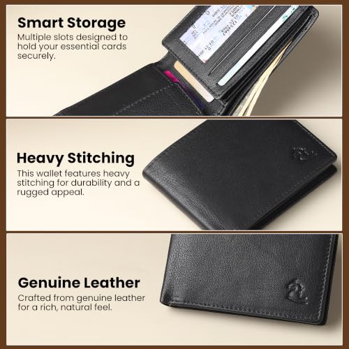 Image of KARA Black Men's Genuine Leather Wallet - Bifold, 2 Cash Compartments, Coin Pocket, 10+ Card Slots, Hidden & Transparent Flip Sections