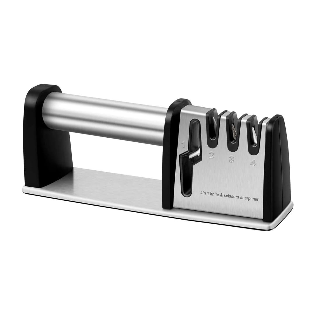 PYEBE 4-in-1 Kitchen Chef Knife & Scissors Sharpener, Sharpening Tool for Straight & Serrated Knives, Repair and Hone both Euro/American and Asian Knife, Fast Sharpen Scissor