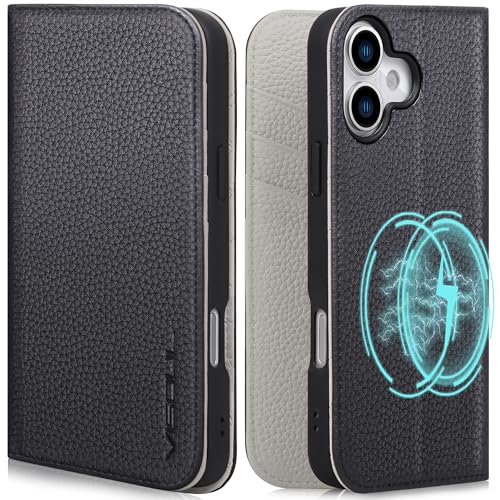 VISOUL iPhone 17 対応 ケース 手帳型 本革 アイフォン17 手帳型ケース MagSafe対応 スマホケース レザー カード収納 携帯カバー 横置きスタンド機能付き マグネット式 全面保護 柔軟なTPU素材 アイホン17 ブラック・グレー