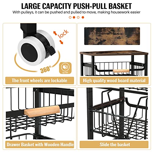 5-Tier Rolling Storage Cart With Wheels, Large Capacity Kitchen Rolling Storage Cart, Mobile Utility Cart With Wooden Tabletop And Mesh Baskets, Rolling Cart For Kitchen, Bathroom, Laundry Room #TOP2