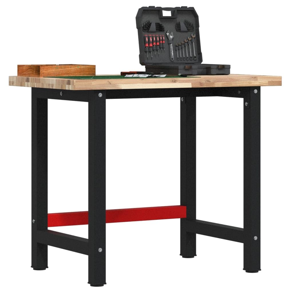 Banco de trabajo de madera maciza de acacia, 100 x 60 x 83 cm, rectangular con estructura de metal pulverizado, mesa de trabajo estable para taller, garaje, sala de ocio y bricolaje