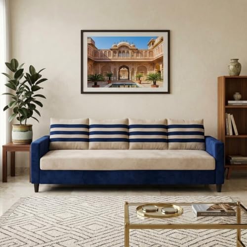 Image of Cavina Plush Comfort Sofa | 4 Seater | Luxury Velvet Suede Fabric | Modern Living Room Sofa | Dark Blue - Cream