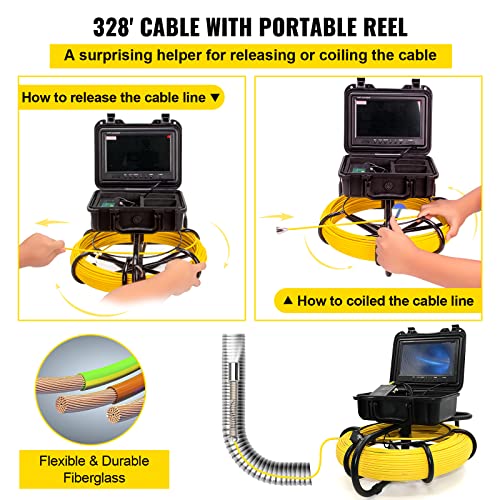 Vevor Sewer Camera, 328Ft/100M Cable, Waterproof Ip68 Sewer Video Inspection Equipment, Drain Camera With 16 Gb Sd Card, Dvr Function, 720P 9" Lcd Monitor, Led Lights #TOP4