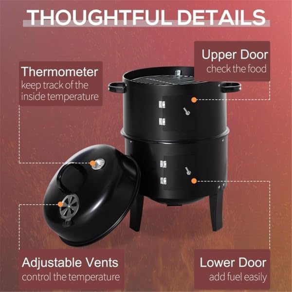 BBQ Charcoal Grill and Offset Smoker,Iron Spray Smoker Carbon GrillBBQ Smoker Picnic Camping Patio Backyard Cooking for Outdoor Garden Patio and Backyard Cooking,Black