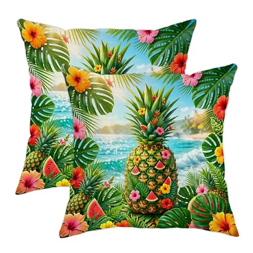Lot de housses de coussin d'extérieur motif ananas, hibiscus tropical, pastèque, vert d'été, en polyester résistant à l'eau, pour patio, porche,...