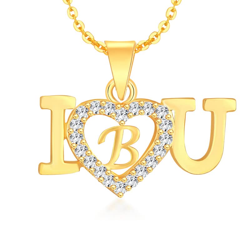 FOREVER BLINGSPendant for Women Girls Wife Girlfriend lovers American Diamond Crystal Brass Chain Necklace Pendent Gold Pendant Locket I Love U Heart Alphabet Valentine gift