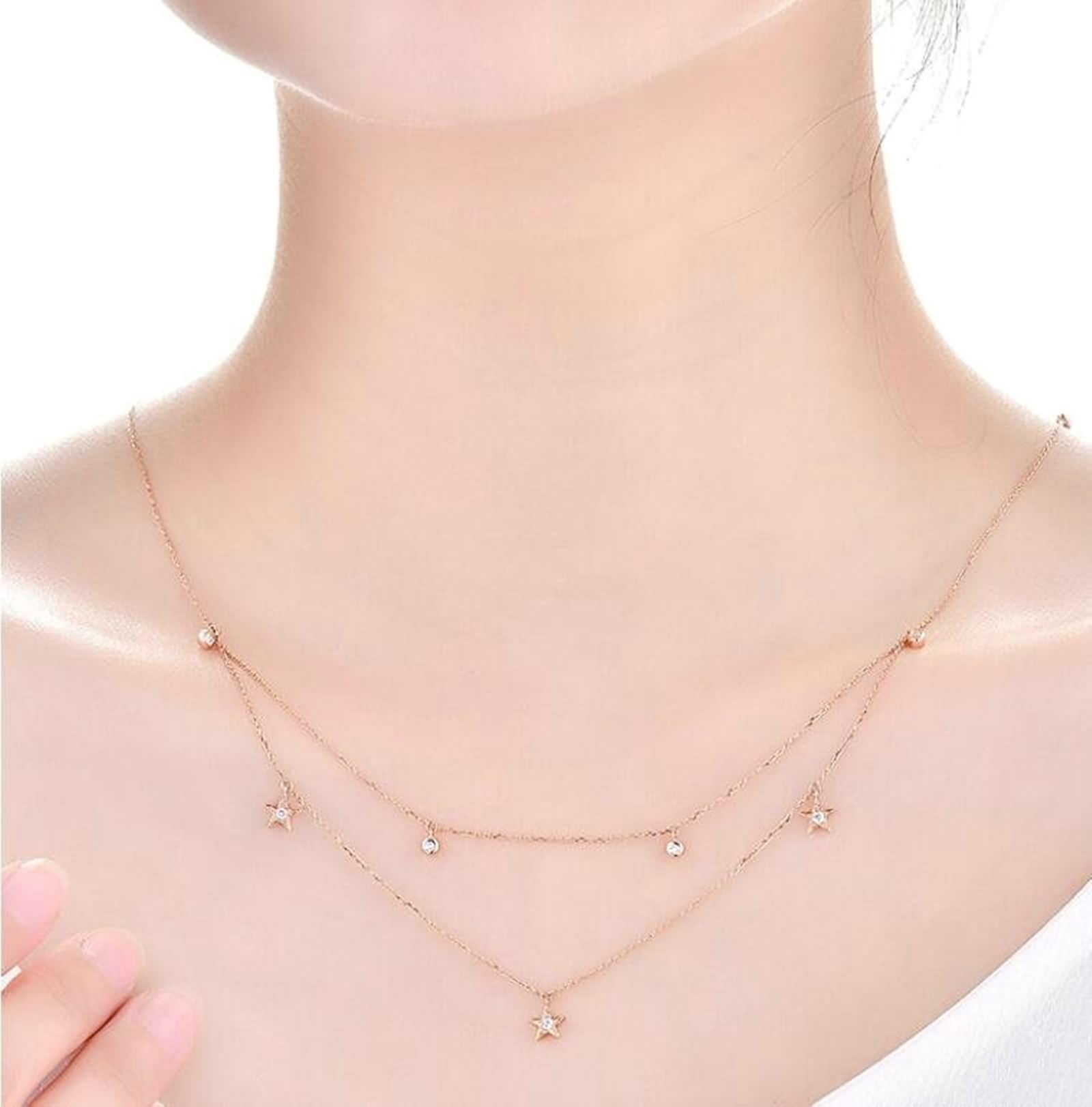 Collar con colgante, collar de cadena para mujer, estrella de doble capa con diamante de 0,14 quilates, oro rosa de 9/14/18 quilates, 45 cm