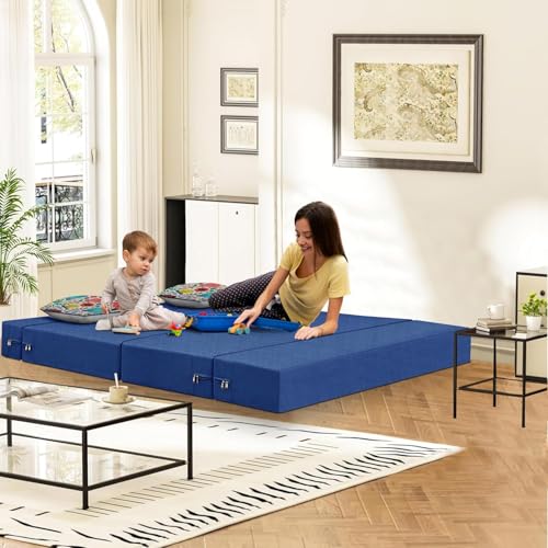 Image of Rosebell Foldable 2 Seater Sofa Cum Bed, Sofa Bed 4X6 Feet, Jute Fabric- Washable Cover- Including Two Cushion Perfect for Home & Office-Blue Color