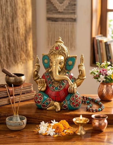 Image of Brass Ganesha Idol 5.5-Inch - Premium Ganpati Statue with Multicolour Stone Inlay for Health, Wealth, Prosperity and Home Decor