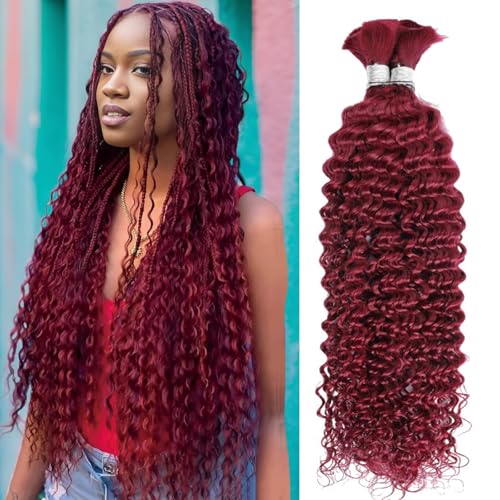 Habiliana Human Braiding Hair for Boho Braids 24inch Deep Wave Bulk Human Hair for Braiding Knotless 12A 100% Unprocessed Brazilian Virgin Hair Extensions Bulk Bohemian 2 Bundles 99J Color