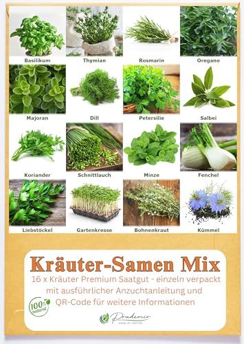 Prademir – Kräutersamen Set aus 16 beliebten Küchenkräutern – Kräuter Anzuchtset mit 100% Natursamen aus Portugal – Kräuter Saatgut aus Oregano, Thymian, Majoran, Rosmarin, Dill, Basilikum, Salbei uvm
