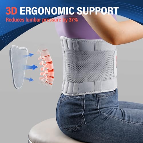 Image of FEATOL Back Brace for Lower Back Pain Women, Breathable Back Support Belt for Women & Men with Lumbar Pad, Lumbar Support Belt for Heavy Lifting & Work, Scoliosis, Grey, 5XL (Circumference:68-74.8 inch)