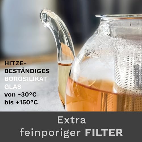 Creano Teekanne aus Glas 1,0l mit Edelstahl-Filter - Glasteekanne mit Edelstahl-Sieb und Glas-Deckel - Dobin-Teekanne Ideal zur Zubereitung von Losen Tees - tropffrei