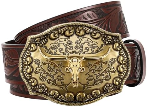 LEACOOLKEY Western riem voor mannen vrouwen cowgirl cowboy geprent graveerde Tooled lederen riem met gesp voor jeansbroeken rodeo, (100CM)Passend für