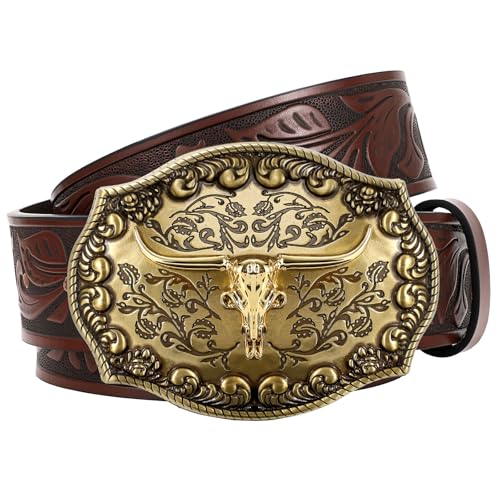 JasGood Ceinture de cowboy en cuir western pour homme et femme avec boucle Longhorn - Ceinture cow-girl gravée florale vintage unisexe pour jean, marron...