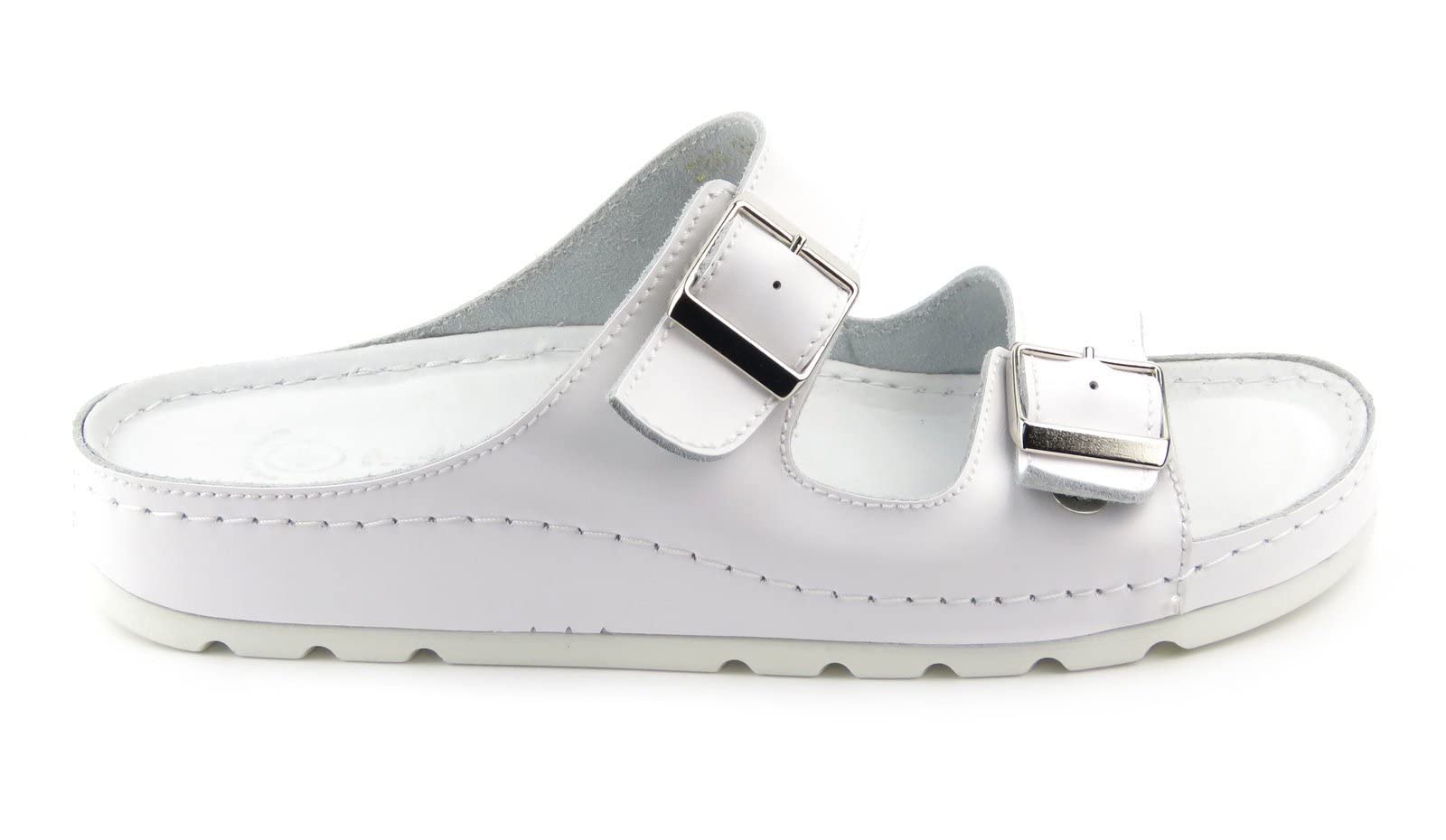 Zapatillas Sanitarias Médicas Para Mujer Hechas De Cuero De Grano Natural Suela Plana Esponja Suave Correas Ajustables Amortiguador Blanco Talla 40