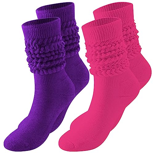 Image of 2 Pairs 80s Neon Women's Slouch Socks Extra Long Knit Scrunch Socks Heavy Thick Scrunchie Socks Size 9 to 11