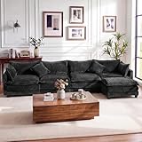 Vesgantti 143' L Shaped Modular Sectional Couch, Comfy Corduroy Upholstered Cloud Couches for Living Room, Modern 3 Seater Sofa with Movable Ottoman & Throw Pillows, Charcoal Grey