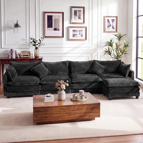 Image of Vesgantti 143 inch L Shaped Modular Sectional Couch, Comfy Corduroy Upholstered Cloud Couches for Living Room, Modern 3 Seater Sofa with Movable Ottoman & Throw Pillows, Charcoal Grey