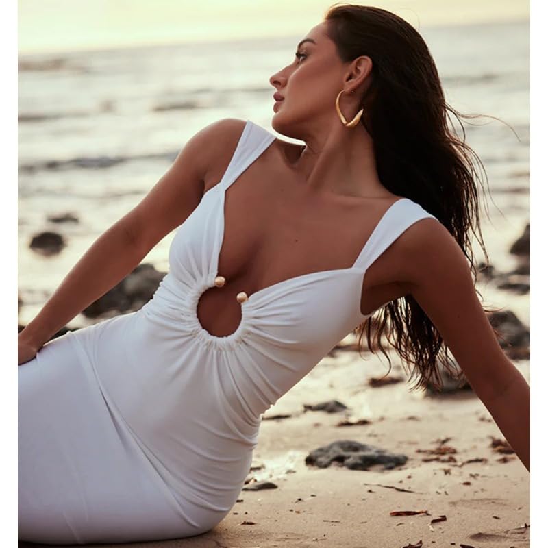 Image of Women Sexy Backless Dress V Neck Sleeveless Bodycon Backless High Slit Maxi Long Party Cocktail Wedding Dress