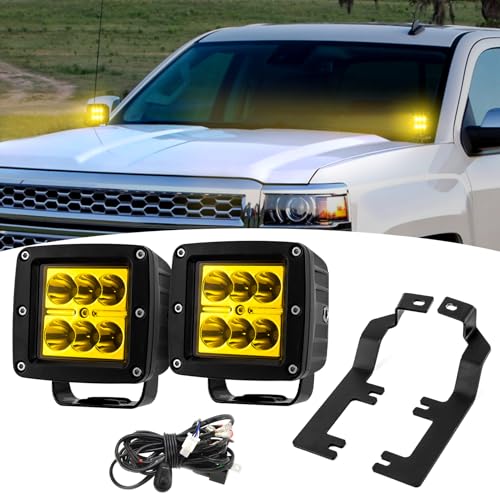 Wsays 2PCS LED Amber Light Pods & Ditch Hood Hinge LED Pod Mount Bracket w/Wiring Kit Compatible with Chevy Silverado 2014-2018 Fit GMC Sierra 1500 2014-2018