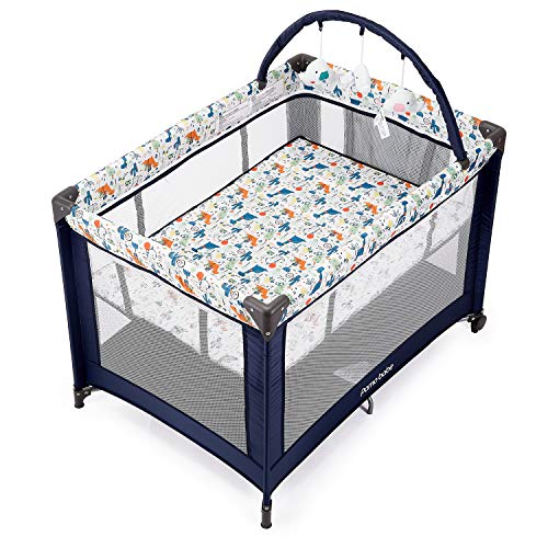 Pamo Babe Portable Playard,Sturdy Play Yard With Mattress And Toy Bar With Soft Toys (Blue) #TOP3