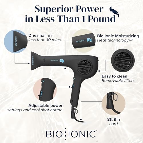 BIO IONIC 10X UltraLight Speed Professional Hair Dryer with Adjustable Heat & Speed for Fast, Frizz-Free, Shiny Hair