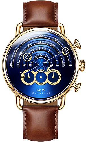 De pour Homme chronographe Grand Cadran Saphir Doré en Acier Inoxydable étanche à Quartz Montres de Cuir Marron