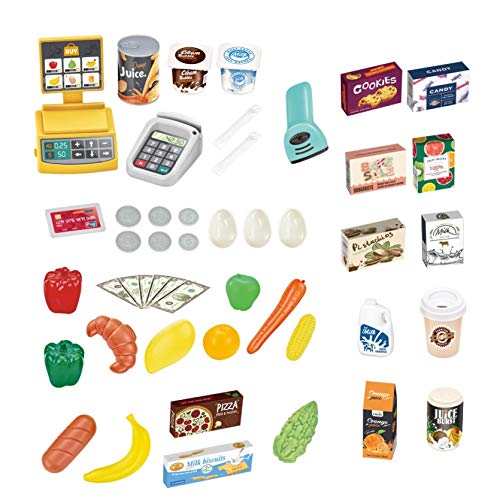 Pomobie Kids Role Play Supermarket Stall Toy Set, Children Superstore Grocery Play Shop with Scanner and Shopping Trolley of Vegetables, Fruits, Food, Cart Accessories, Best Gift for Boys and Girls