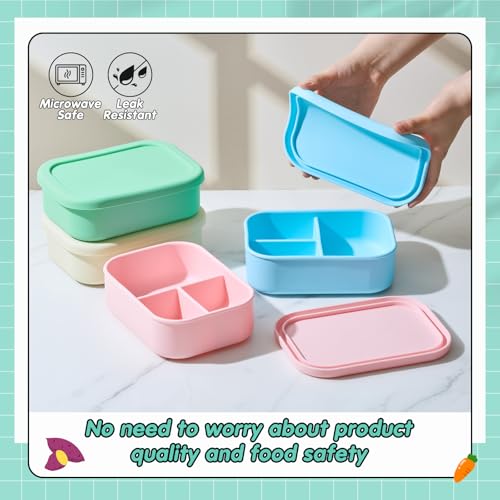 Image of Layhit 4 Pcs Silicone Bento Box for Adults, 27 oz Bento Lunch Container Reusable Food Container for Women Men, Leak Proof Microwave Dishwasher Freezer Safe (3 Compartments,Mint Colors)