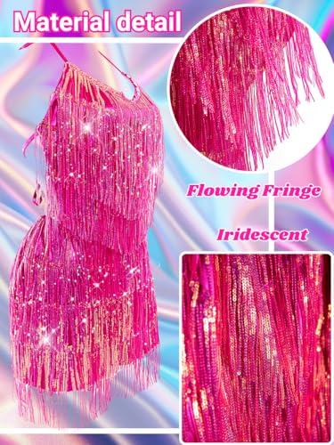 Image of Kaei&Shi Sequin Fringe Romper,Sparkly Glitter Metallic Jumpsuits For Women,Backless Shorts Dress Disco Birthday Dance Outfit