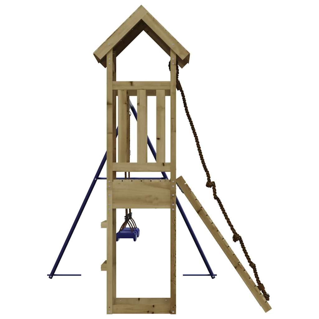 Torre de juego de madera de pino impregnada con estructura de escalada, columpio doble, arenero y pedestal para jardín, juguetes al aire libre, diversión en el patio de recreo y desarrollo