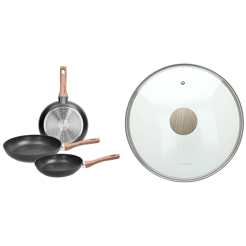Tognana Great Stone, Set 3 Padelle 20/24/28 cm, Alluminio, Nero & Eco, Coperchio da 28 cm, Vetro, Trasparente