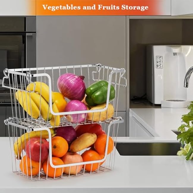 Orgneas Stacking Freezer Organizer Bins for 5.0Cu.Ft Chest Freezer, Small Stackable Chest Freezer Baskets Metal Wire Kitchen Pantry Storage Open Front Deep Freezer Bins with Foldable Handles, Set of 4