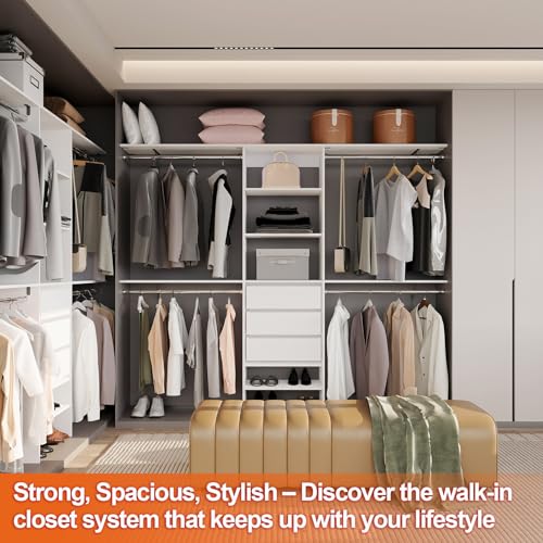 96-inch-Closet-System-with-3-Drawers-4-Hanging-Rods-and-4-Shelving-Towers-Heavy-Duty-8FT-Walk-In-Organizer-with-Built-In-Garment-Rack-Adjustable-Storage-White 96 inch Closet System with 3 Drawers 4 Hanging Rods and 4 Shelving Towers Heavy Duty 8FT Walk In Organizer with Built In Garment Rack Adjustable Storage White