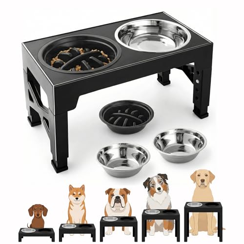 Ciotole per Cani Rialzate Regolabili – Set 3 in 1 con 2 Ciotole in Acciaio Inox 1200ml + 1 Ciotola Anti-Ingozzo 800ml – Supporto Antiscivolo per Cani di Taglia Media e Grande