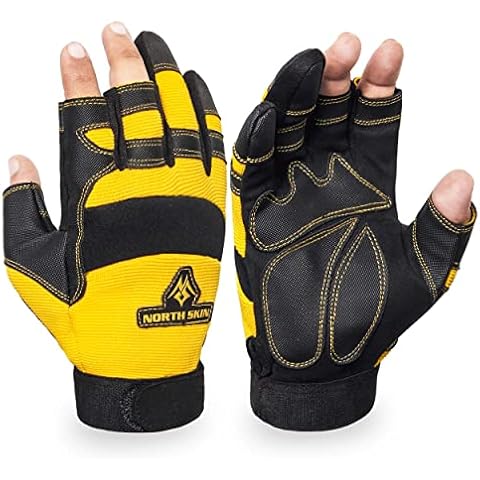 NORTH SKIN Fingerless Safety Work Gloves Flexible Heavy Duty Performance Carpenter Paint Anti Slip Training Palm Protective Wheelchair Assembly Camping Gloves for Men Women (3 Half Finger, M) Cover