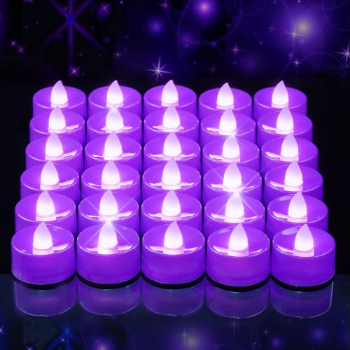 Image of Amagic 30 Pcs Purple Flickering Flameless Tea Lights Battery Operated, 200+ Hours Long Lasting Colored Candles for Wedding, Table Centerpiece, Home Decor, Party, Halloween, Christmas, Proposal